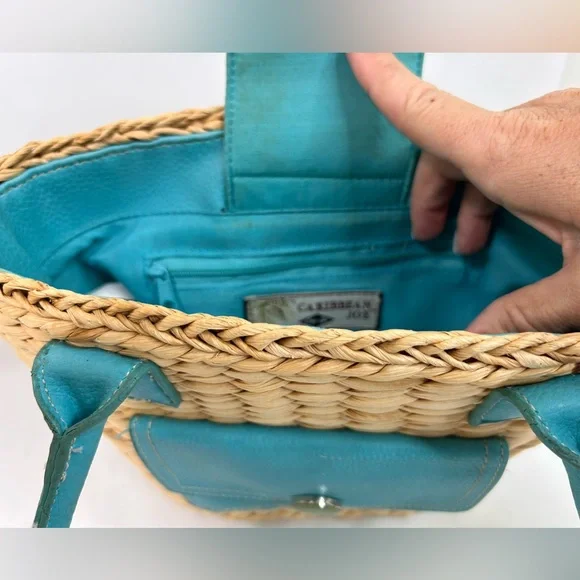 Caribbean Joe Straw Wicker Bag with Turquoise Leather Accents - Picture 7 of 11